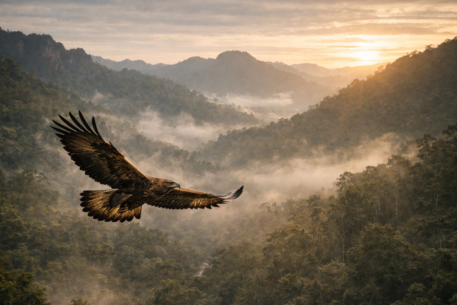 Eagle soaring over misty Northern Thailand mountains